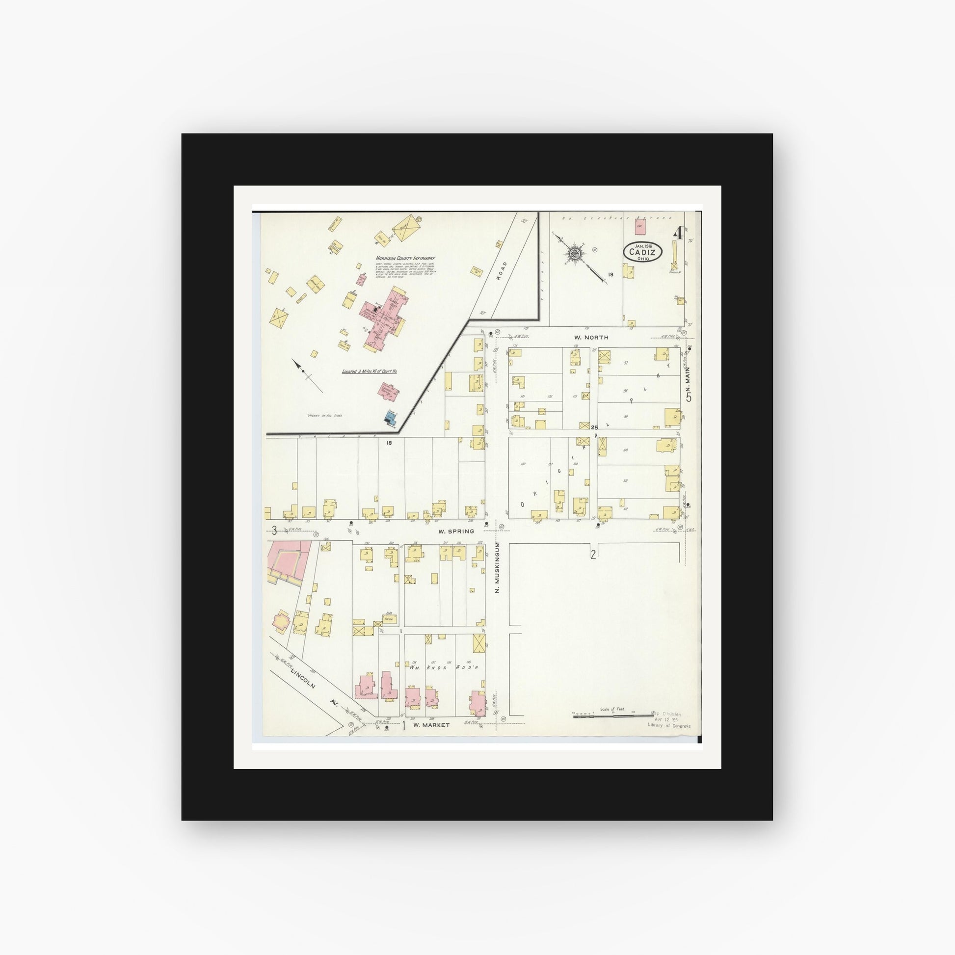 Old map wall art mockup — black gallery frame with white mat — Sanborn Fire Insurance Map from Cadiz, Harrison County, Ohio (1916), Sheet #0004