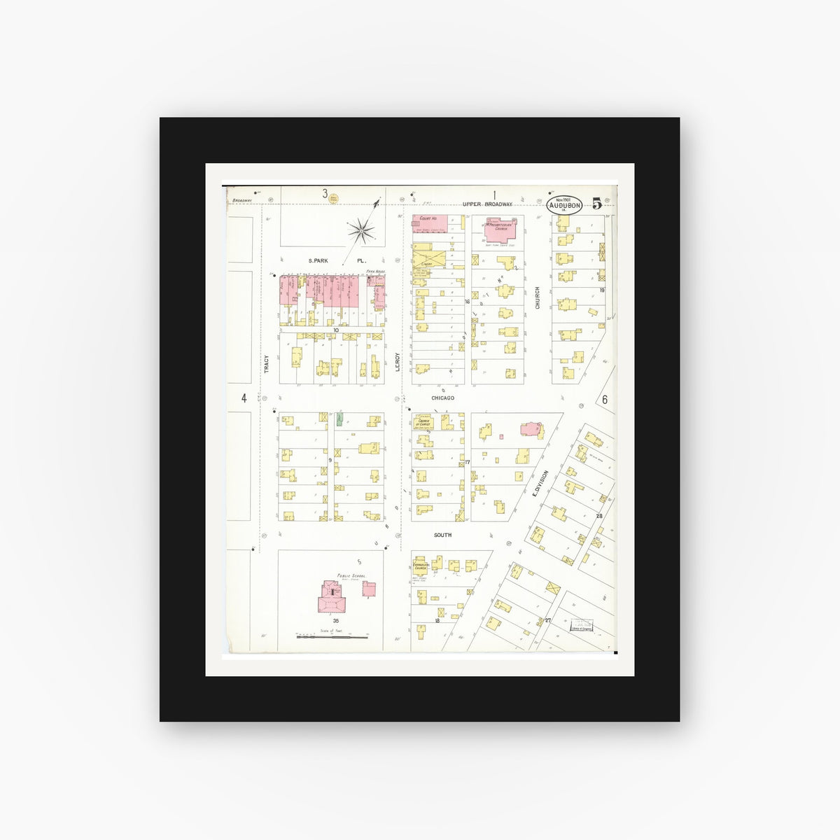 Old map wall art mockup — black gallery frame with white mat — Sanborn Fire Insurance Map from Audubon, Audubon County, Iowa (1901), Sheet #0005