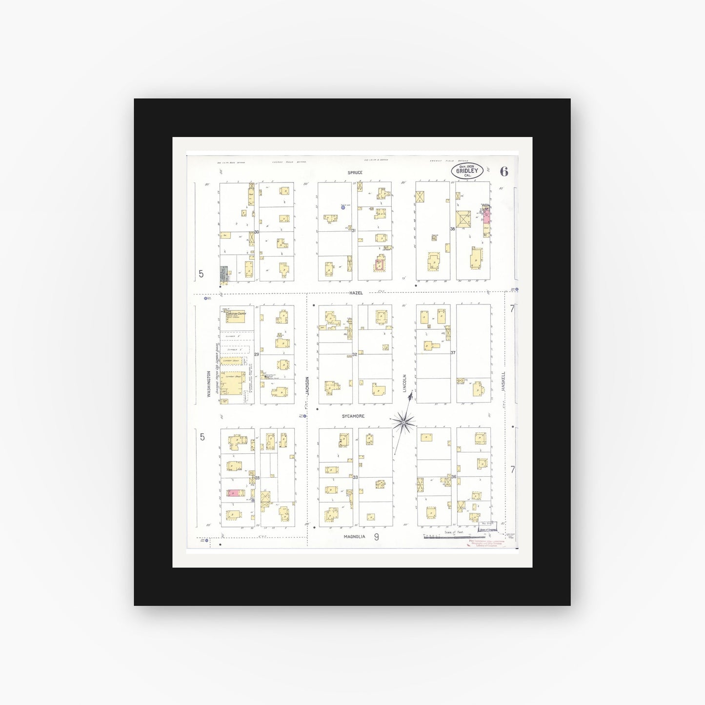 Old map wall art mockup — black gallery frame with white mat — Sanborn Fire Insurance Map from Gridley, Butte County, California (1909), Sheet #0006