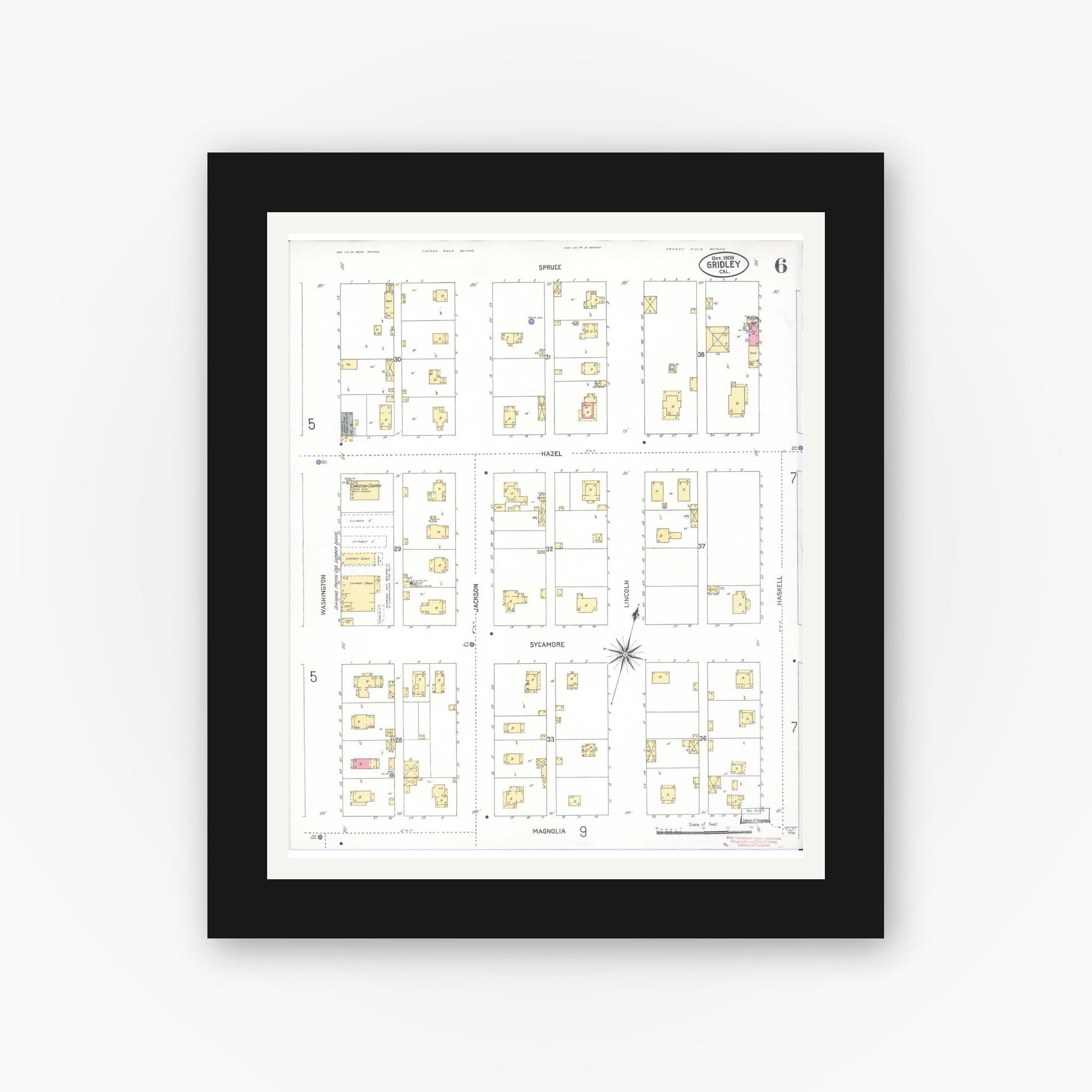 Old map wall art mockup — black gallery frame with white mat — Sanborn Fire Insurance Map from Gridley, Butte County, California (1909), Sheet #0006