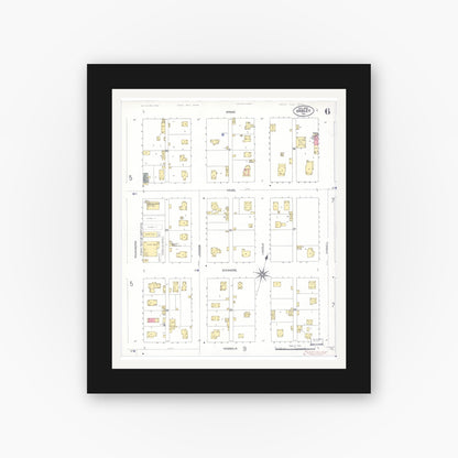 Old map wall art mockup — black gallery frame with white mat — Sanborn Fire Insurance Map from Gridley, Butte County, California (1909), Sheet #0006