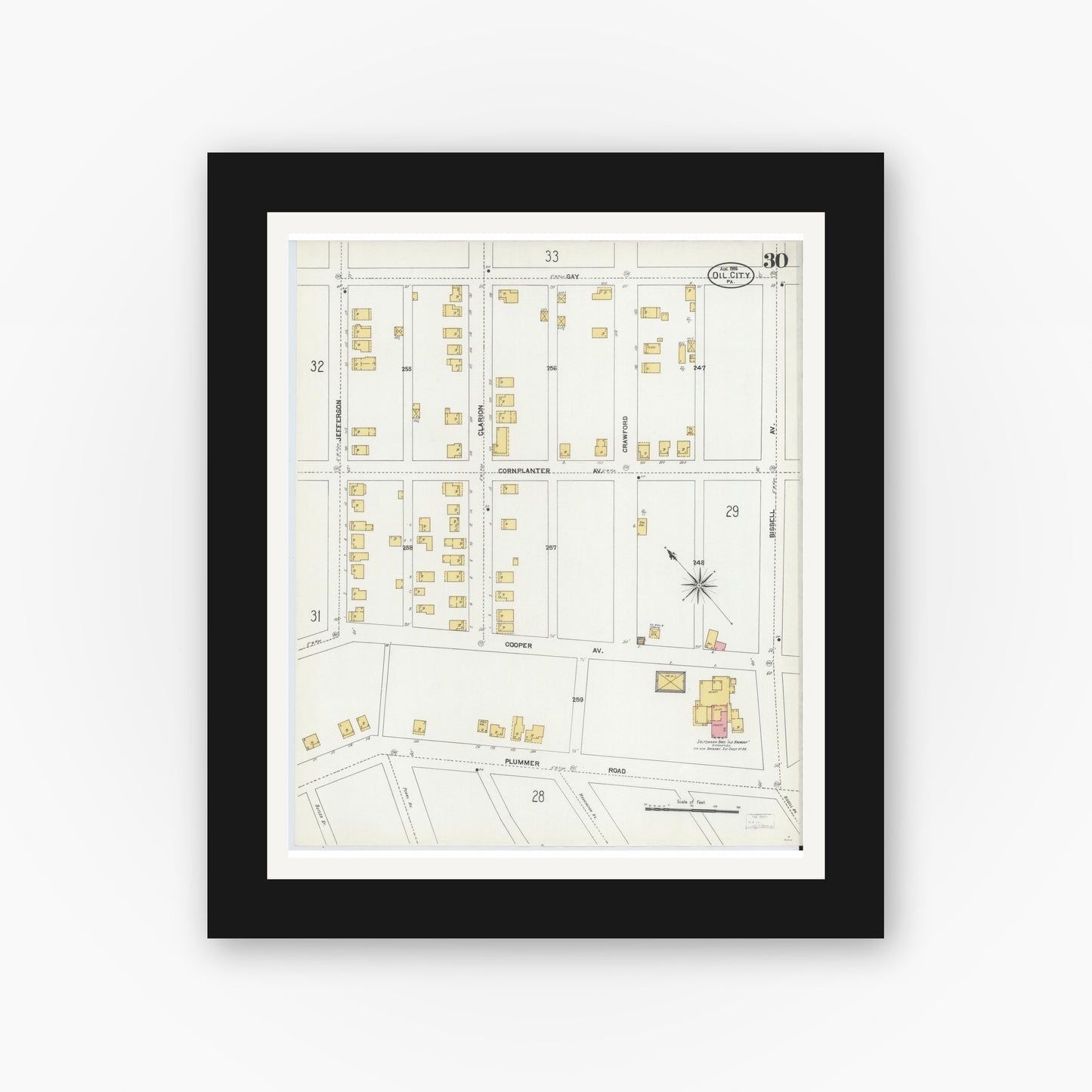 Old map wall art mockup — black gallery frame with white mat — Sanborn Fire Insurance Map from Oil City, Venango County, Pennsylvania (1906), Sheet #0030