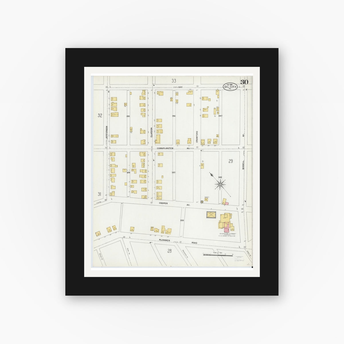 Old map wall art mockup — black gallery frame with white mat — Sanborn Fire Insurance Map from Oil City, Venango County, Pennsylvania (1906), Sheet #0030