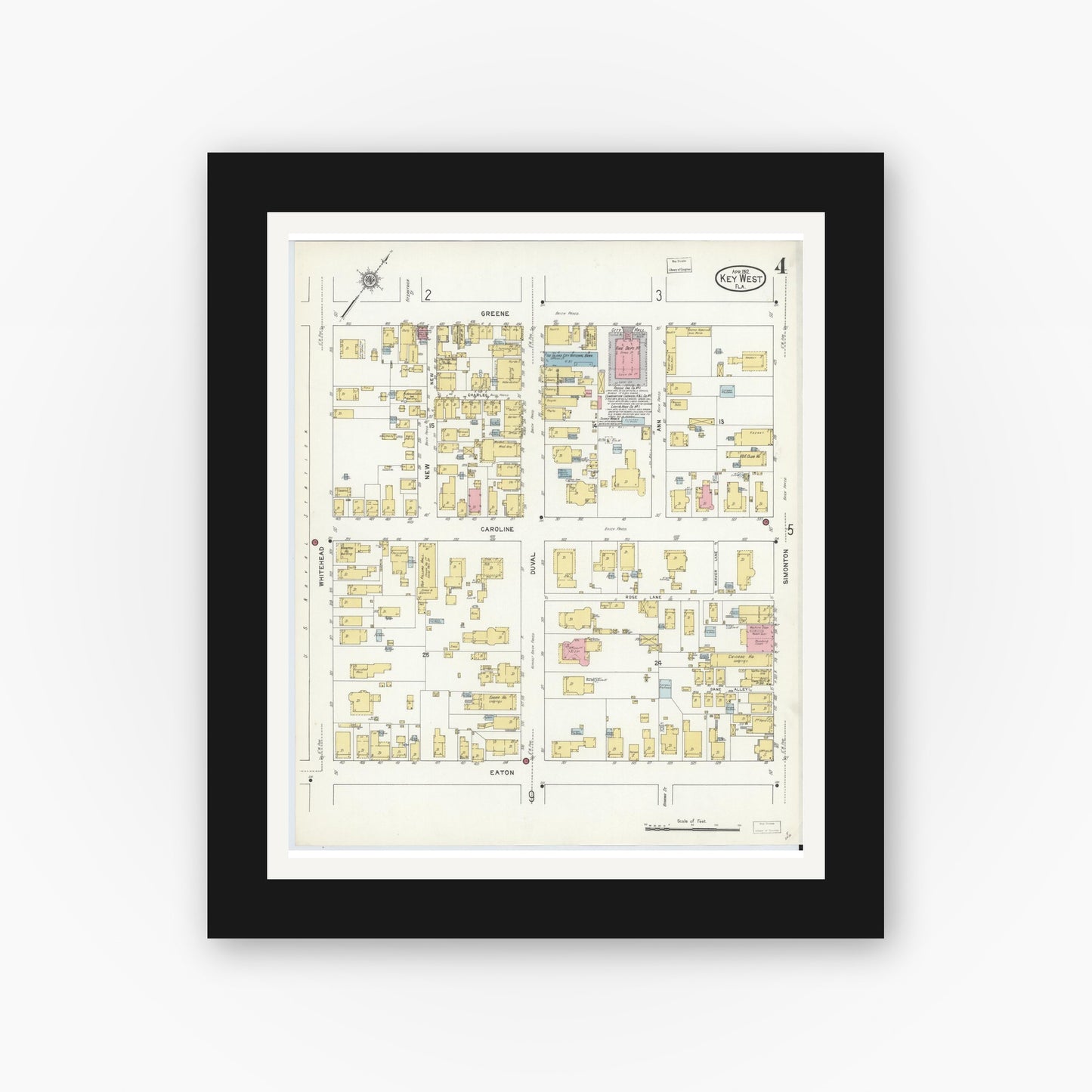 Old map wall art mockup — black gallery frame with white mat — Sanborn Fire Insurance Map from Key West, Monroe County, Florida (1912), Sheet #0004