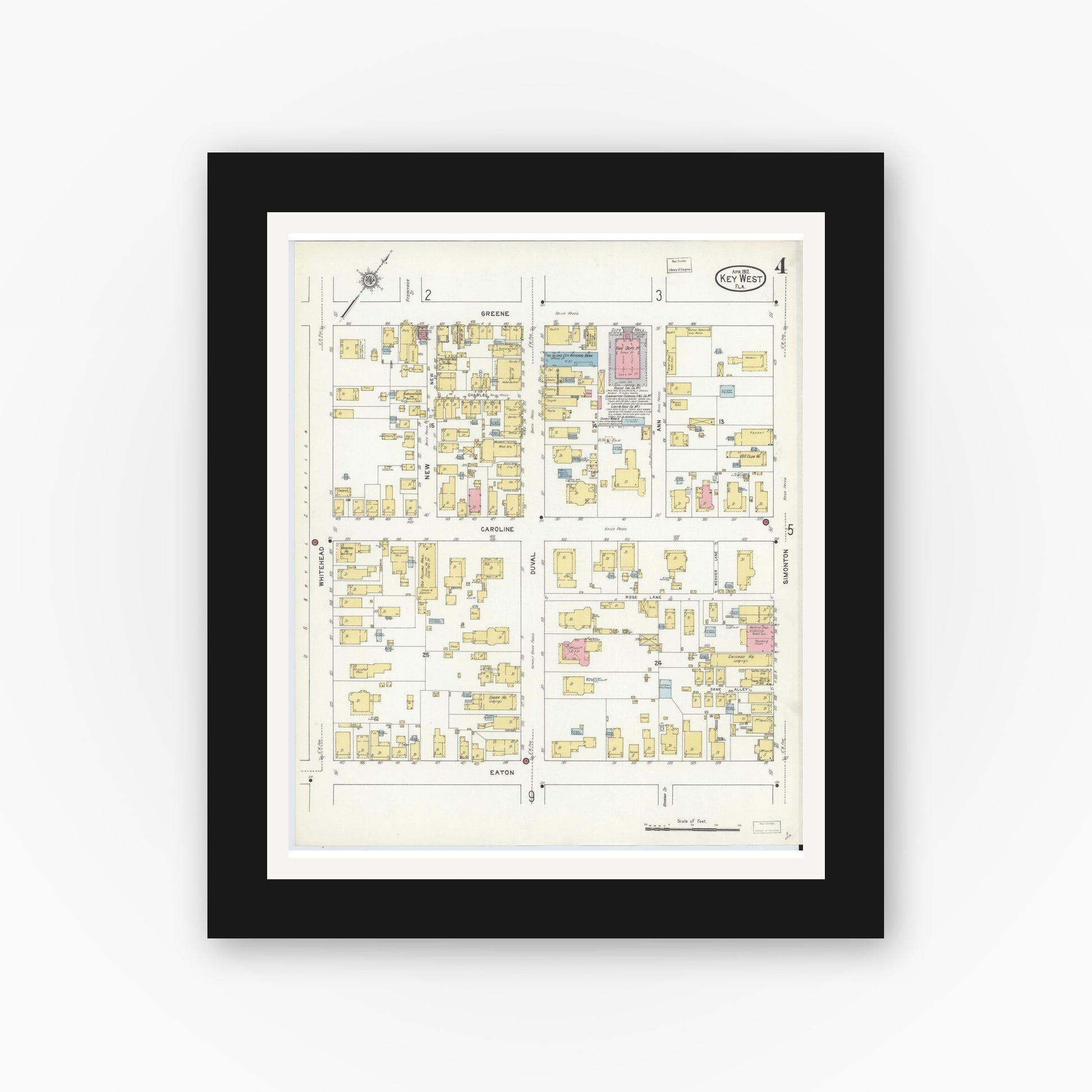 Old map wall art mockup — black gallery frame with white mat — Sanborn Fire Insurance Map from Key West, Monroe County, Florida (1912), Sheet #0004