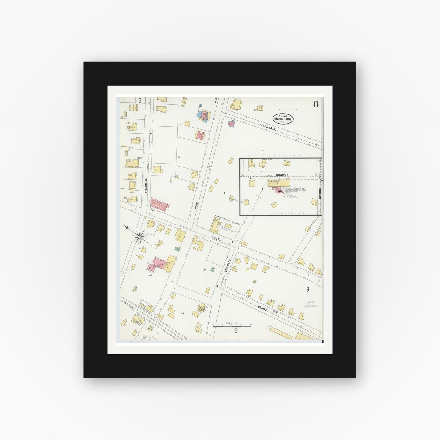 Old map wall art mockup — black gallery frame with white mat — Sanborn Fire Insurance Map from Mount Airy, Surry County, North Carolina (1905), Sheet #0008