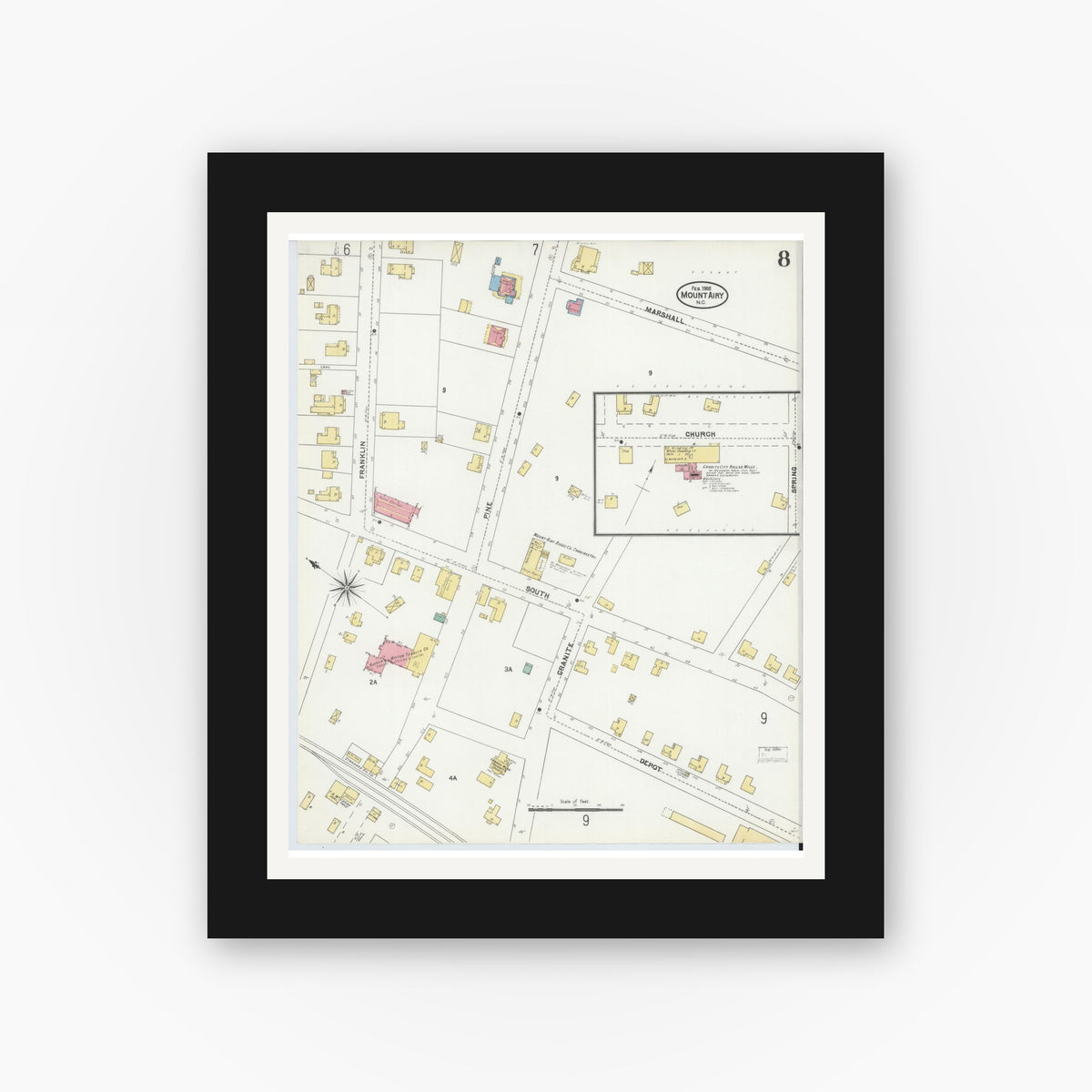 Old map wall art mockup — black gallery frame with white mat — Sanborn Fire Insurance Map from Mount Airy, Surry County, North Carolina (1905), Sheet #0008