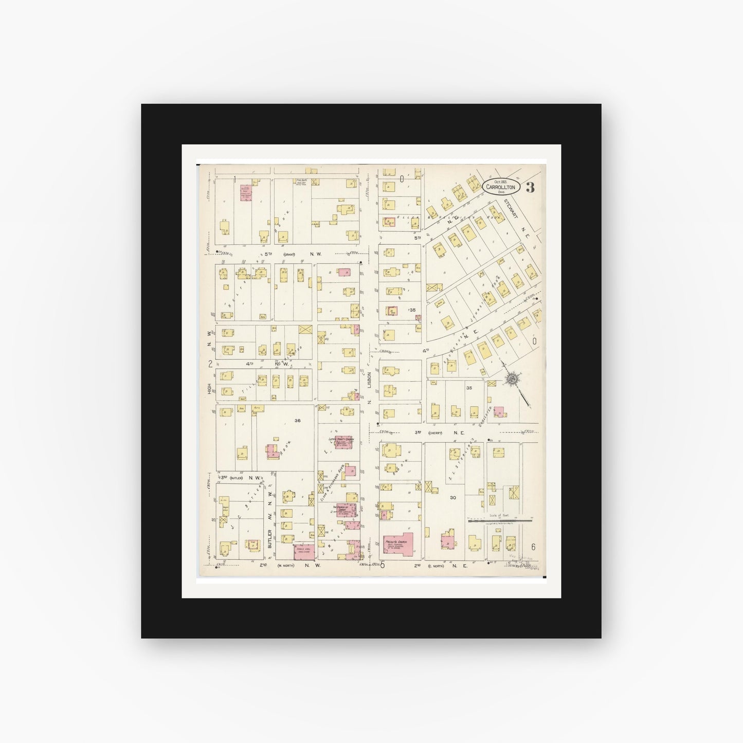 Old map wall art mockup — black gallery frame with white mat — Sanborn Fire Insurance Map from Carrollton, Carroll County, Ohio (1921), Sheet #0003