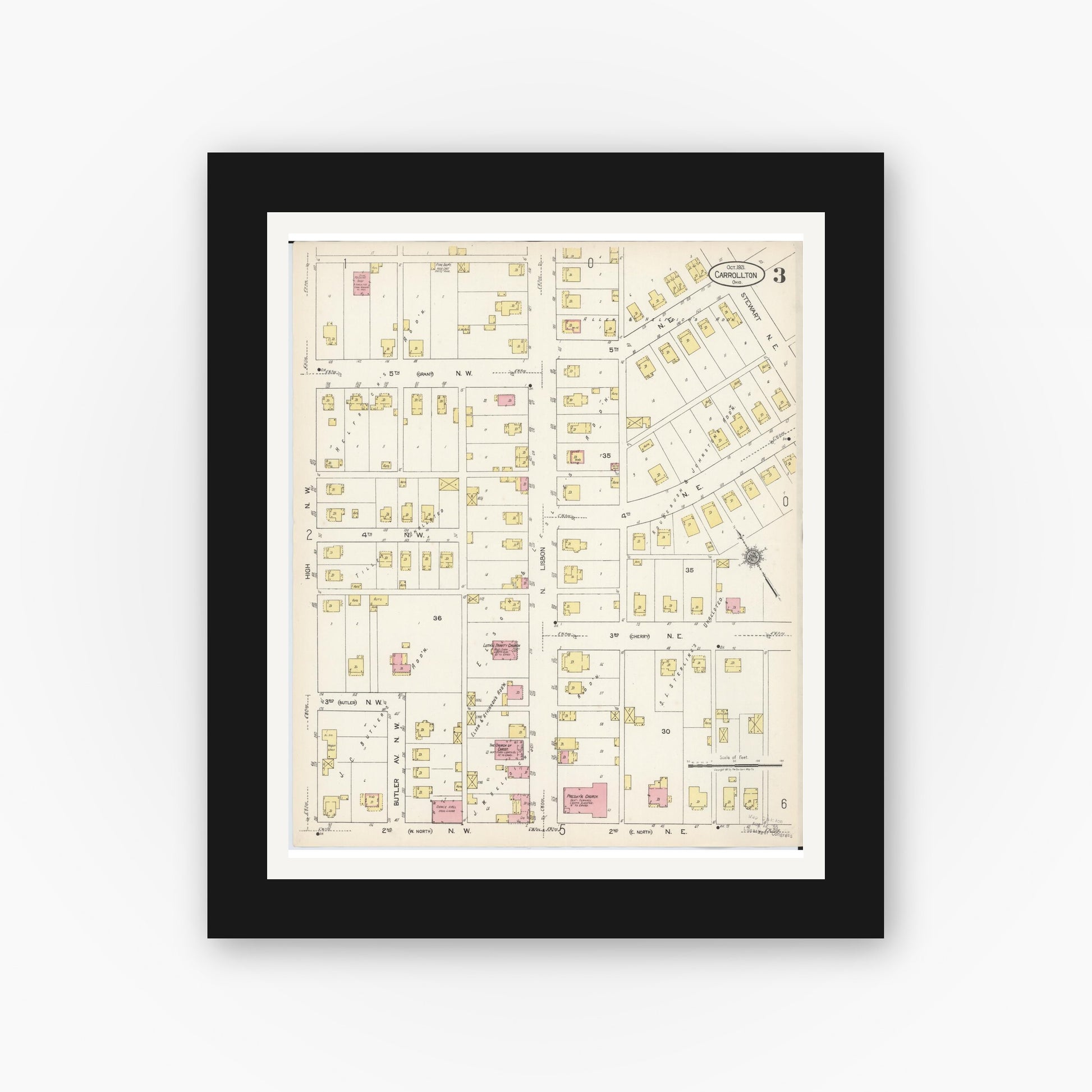 Old map wall art mockup — black gallery frame with white mat — Sanborn Fire Insurance Map from Carrollton, Carroll County, Ohio (1921), Sheet #0003