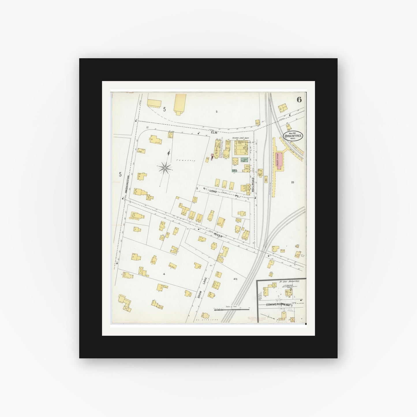 Old map wall art mockup — black gallery frame with white mat — Sanborn Fire Insurance Map from Braintree, Norfolk County, Massachusetts (1901), Sheet #0006