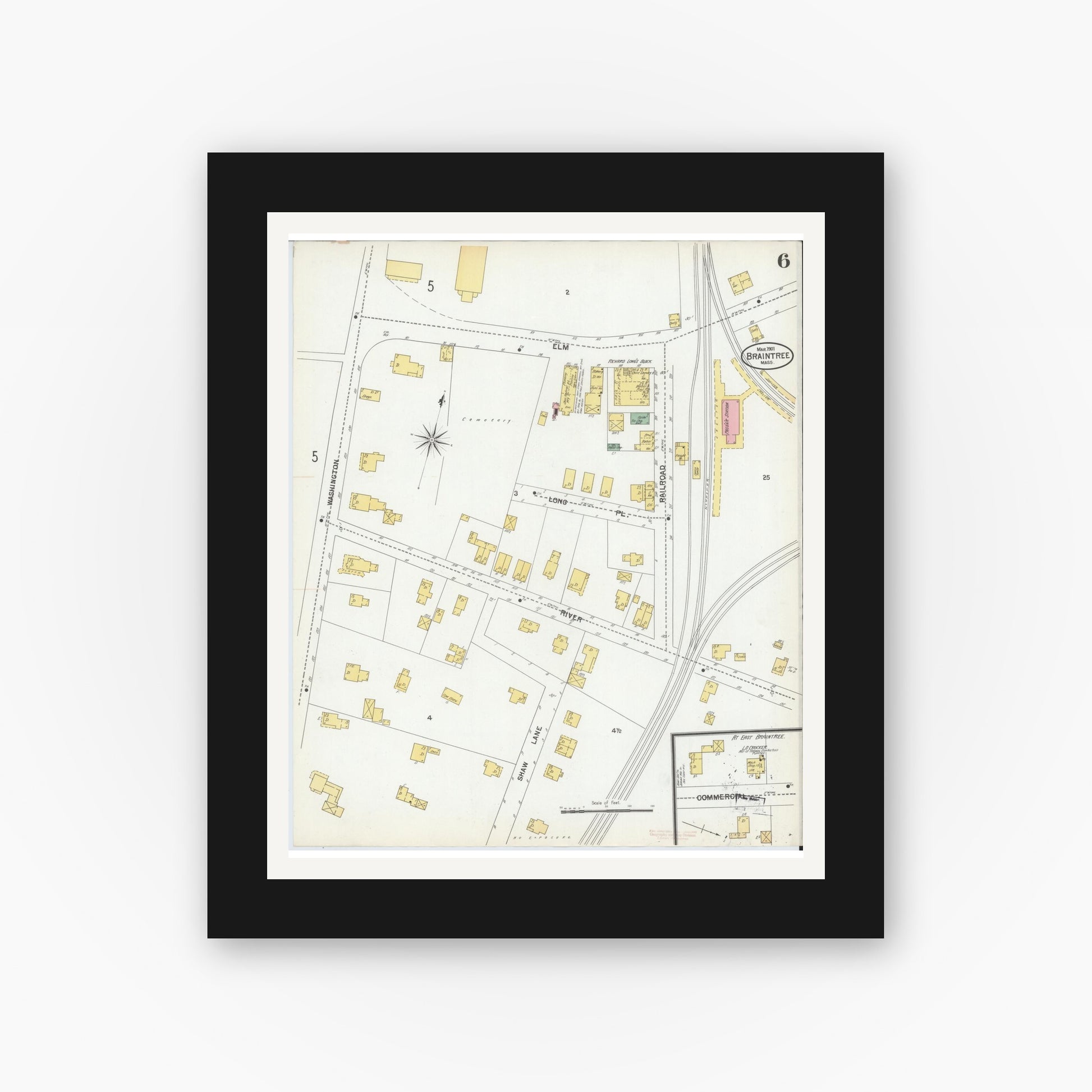 Old map wall art mockup — black gallery frame with white mat — Sanborn Fire Insurance Map from Braintree, Norfolk County, Massachusetts (1901), Sheet #0006