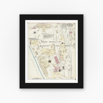 Old map wall art mockup — black gallery frame with white mat — Sanborn Fire Insurance Map from Youngstown, Mahoning County, Ohio (1884), Sheet #0007