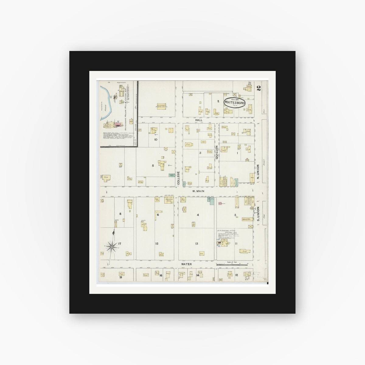 Old map wall art mockup — black gallery frame with white mat — Sanborn Fire Insurance Map from Whitesboro, Grayson County, Texas (1891), Sheet #0002
