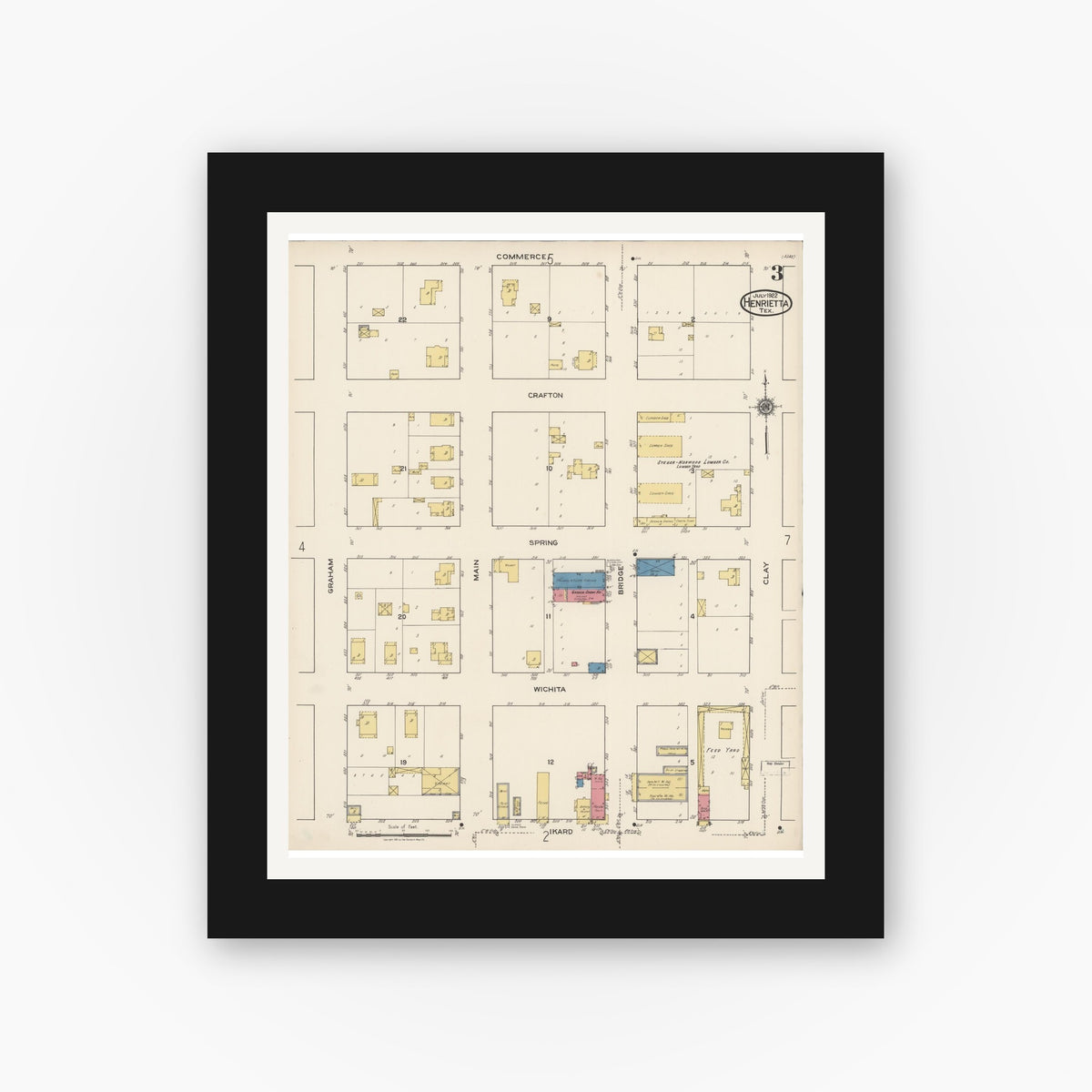 Old map wall art mockup — black gallery frame with white mat — Sanborn Fire Insurance Map from Henrietta, Clay County, Texas (1922), Sheet #0003