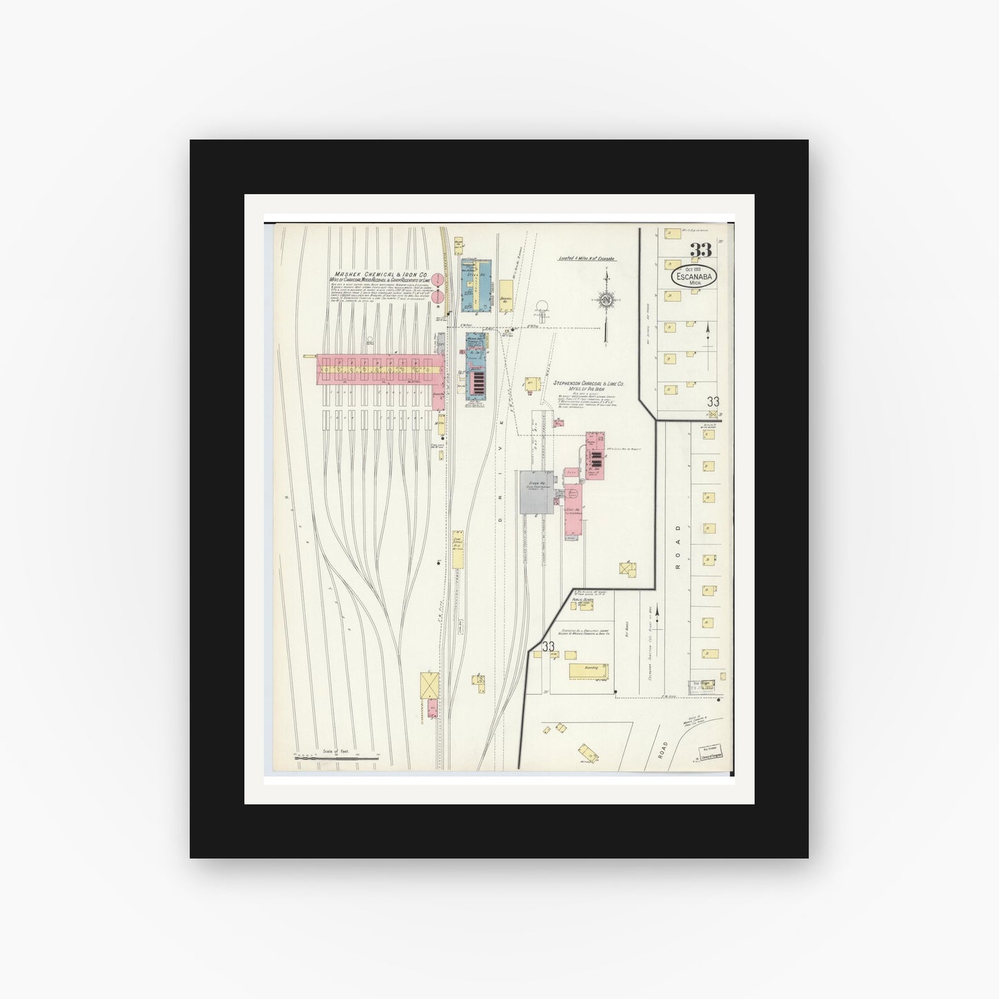 Old map wall art mockup — black gallery frame with white mat — Sanborn Fire Insurance Map from Escanaba, Delta County, Michigan (1913), Sheet #0033