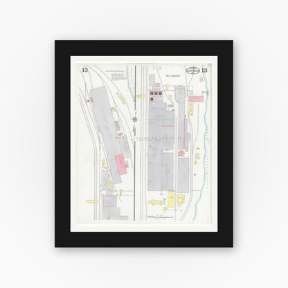 Old map wall art mockup — black gallery frame with white mat — Sanborn Fire Insurance Map from Leechburg, Armstrong County, Pennsylvania (1927), Sheet #0013