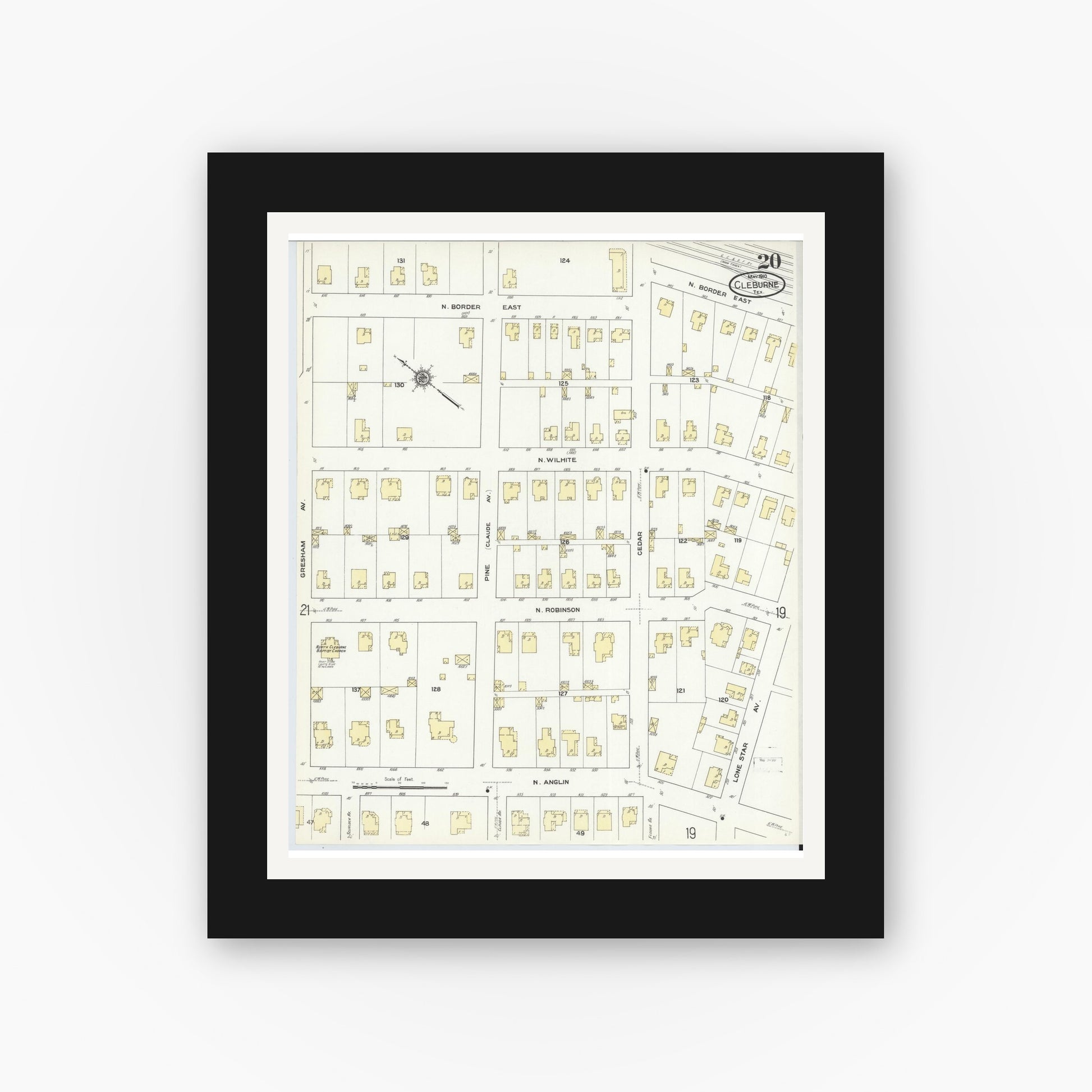 Old map wall art mockup — black gallery frame with white mat — Sanborn Fire Insurance Map from Cleburne, Johnson County, Texas (1910), Sheet #0020