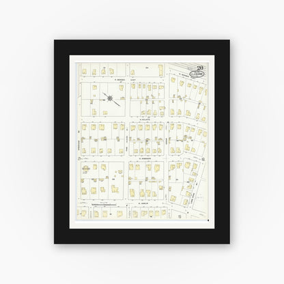 Old map wall art mockup — black gallery frame with white mat — Sanborn Fire Insurance Map from Cleburne, Johnson County, Texas (1910), Sheet #0020