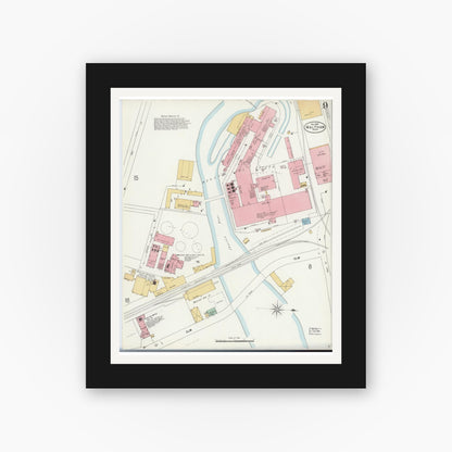 Old map wall art mockup — black gallery frame with white mat — Sanborn Fire Insurance Map from Waltham, Middlesex County, Massachusetts (1897), Sheet #0009