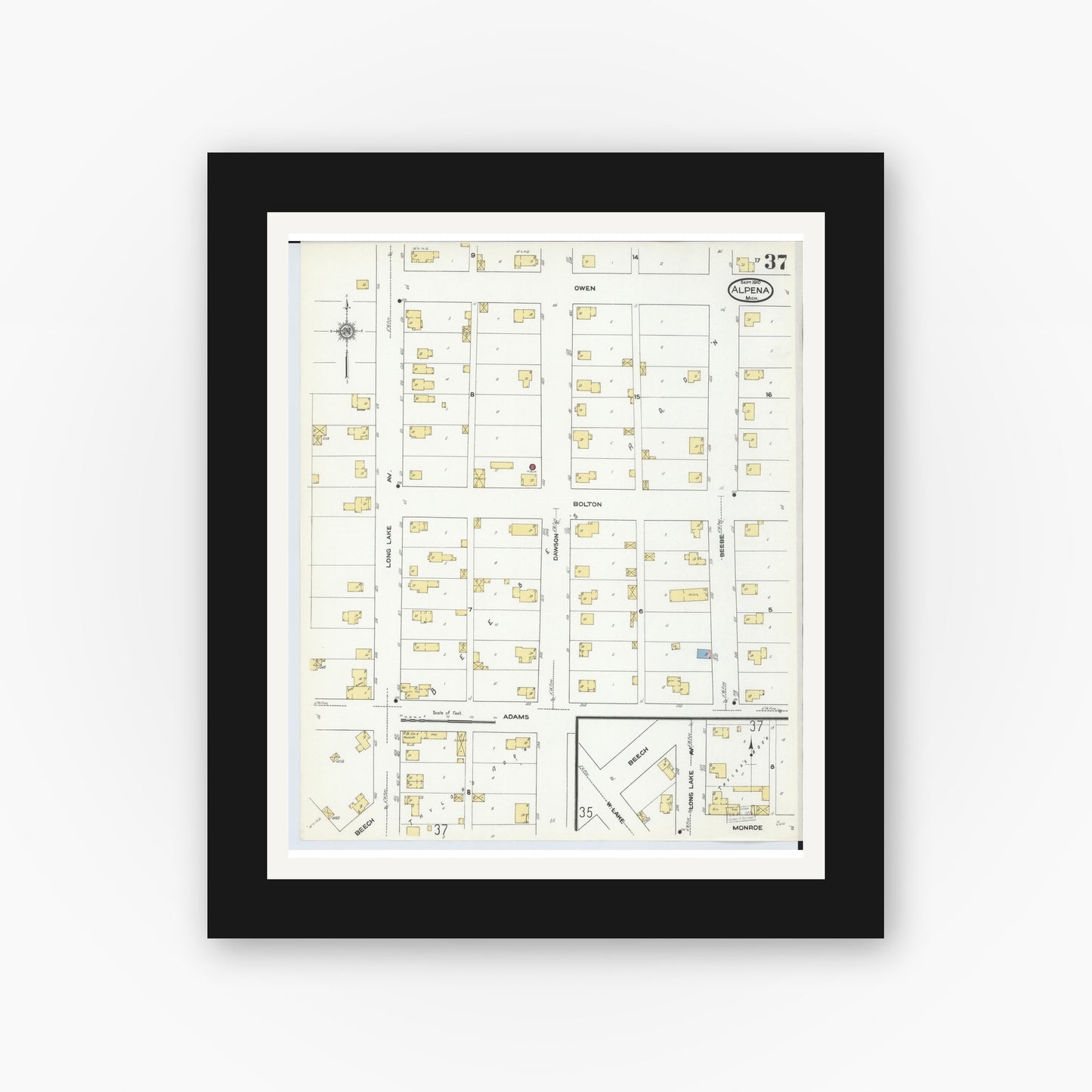 Old map wall art mockup — black gallery frame with white mat — Sanborn Fire Insurance Map from Alpena, Alpena County, Michigan (1910), Sheet #0037