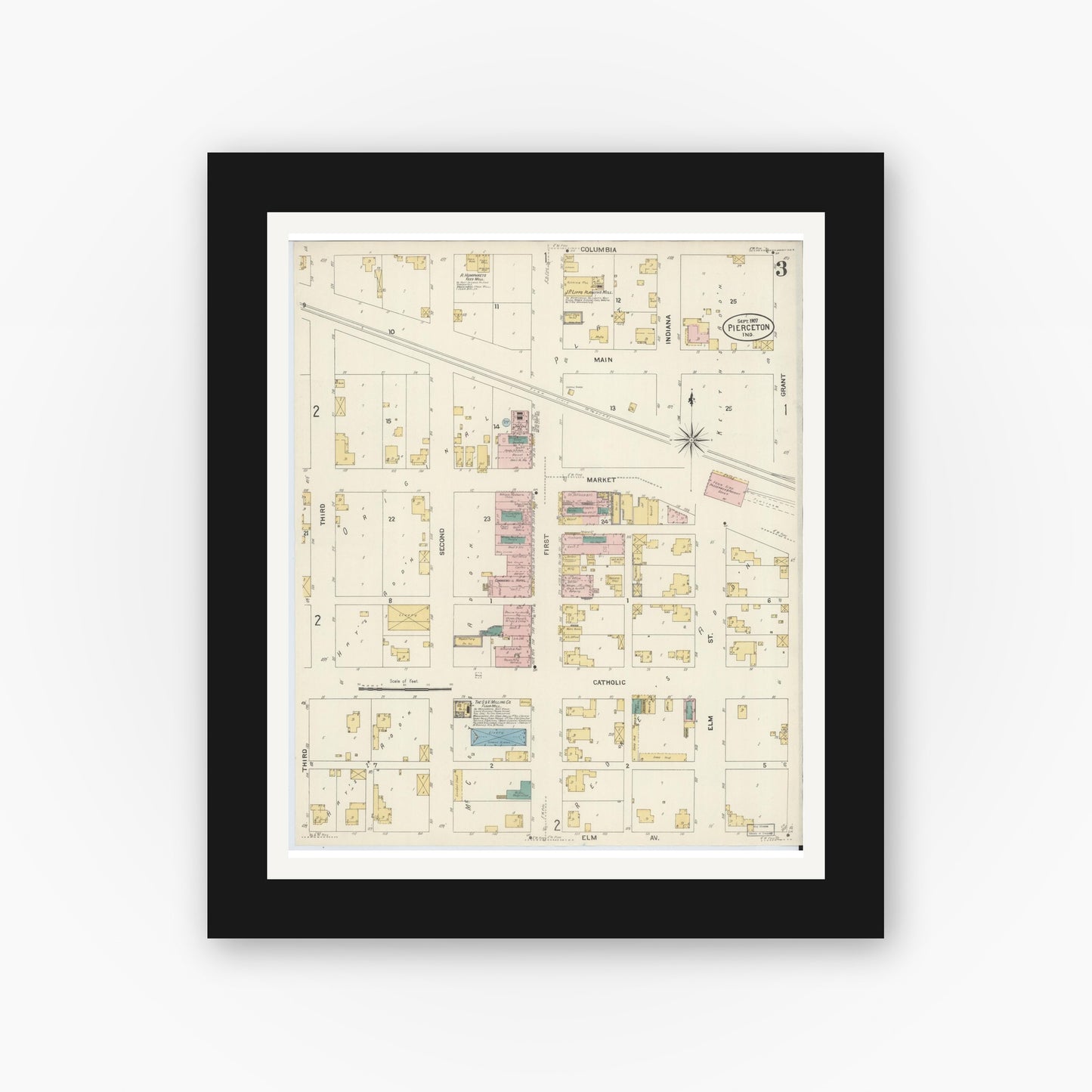 Old map wall art mockup — black gallery frame with white mat — Sanborn Fire Insurance Map from Pierceton, Kosciusko County, Indiana (1907), Sheet #0003
