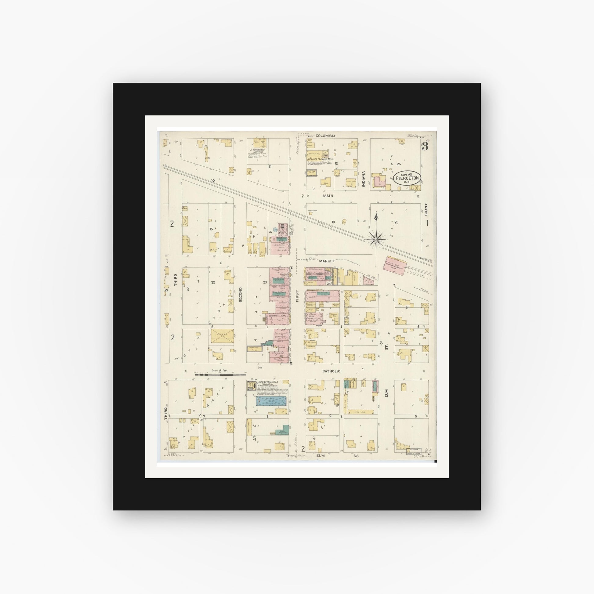 Old map wall art mockup — black gallery frame with white mat — Sanborn Fire Insurance Map from Pierceton, Kosciusko County, Indiana (1907), Sheet #0003