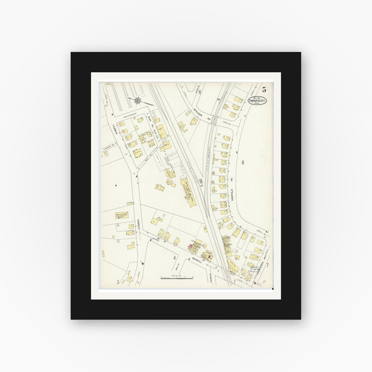 Old map wall art mockup — black gallery frame with white mat — Sanborn Fire Insurance Map from Swampscott, Essex County, Massachusetts (1913), Sheet #0005