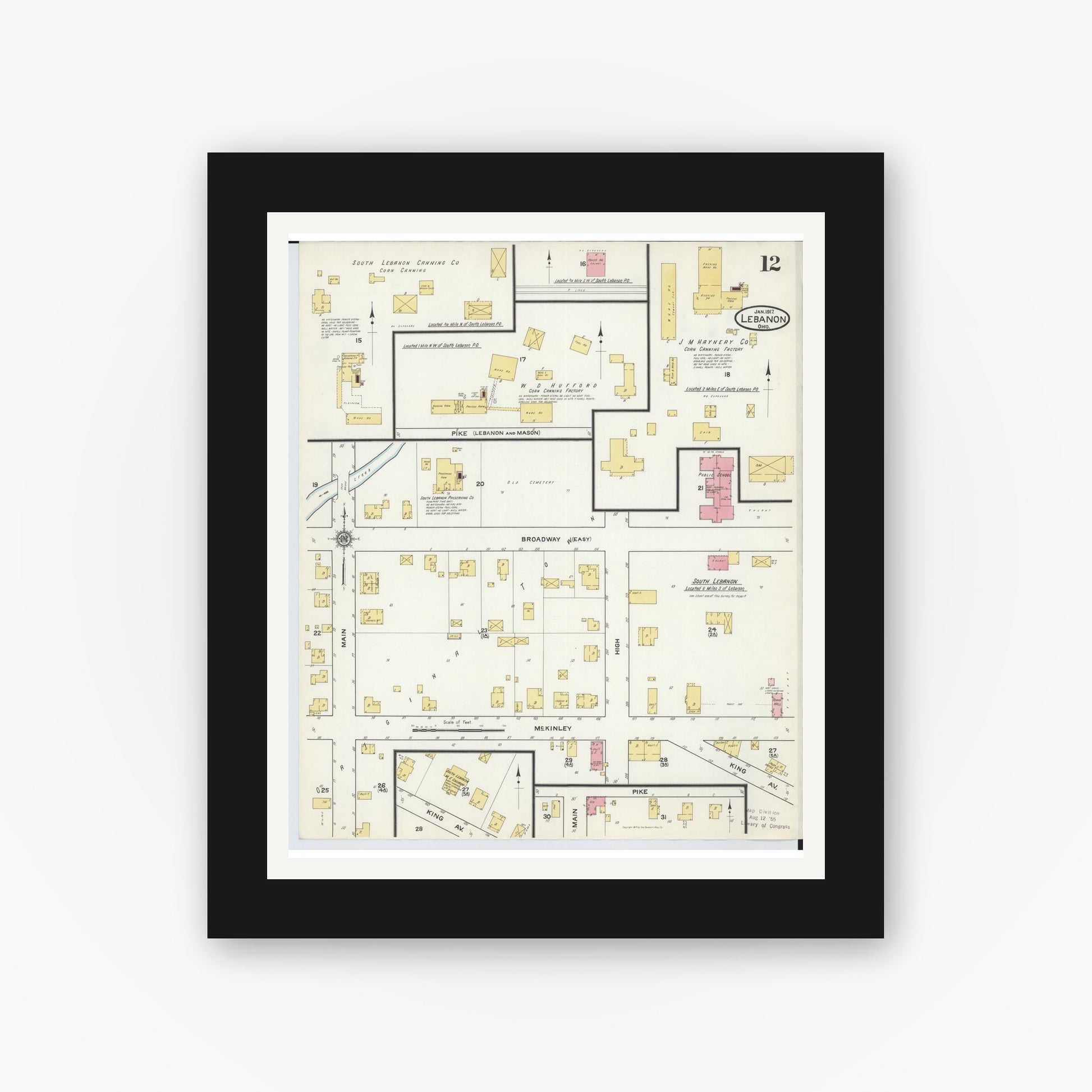 Old map wall art mockup — black gallery frame with white mat — Sanborn Fire Insurance Map from Lebanon, Warren County, Ohio (1917), Sheet #0012
