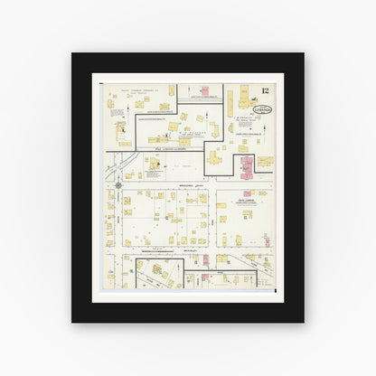 Old map wall art mockup — black gallery frame with white mat — Sanborn Fire Insurance Map from Lebanon, Warren County, Ohio (1917), Sheet #0012