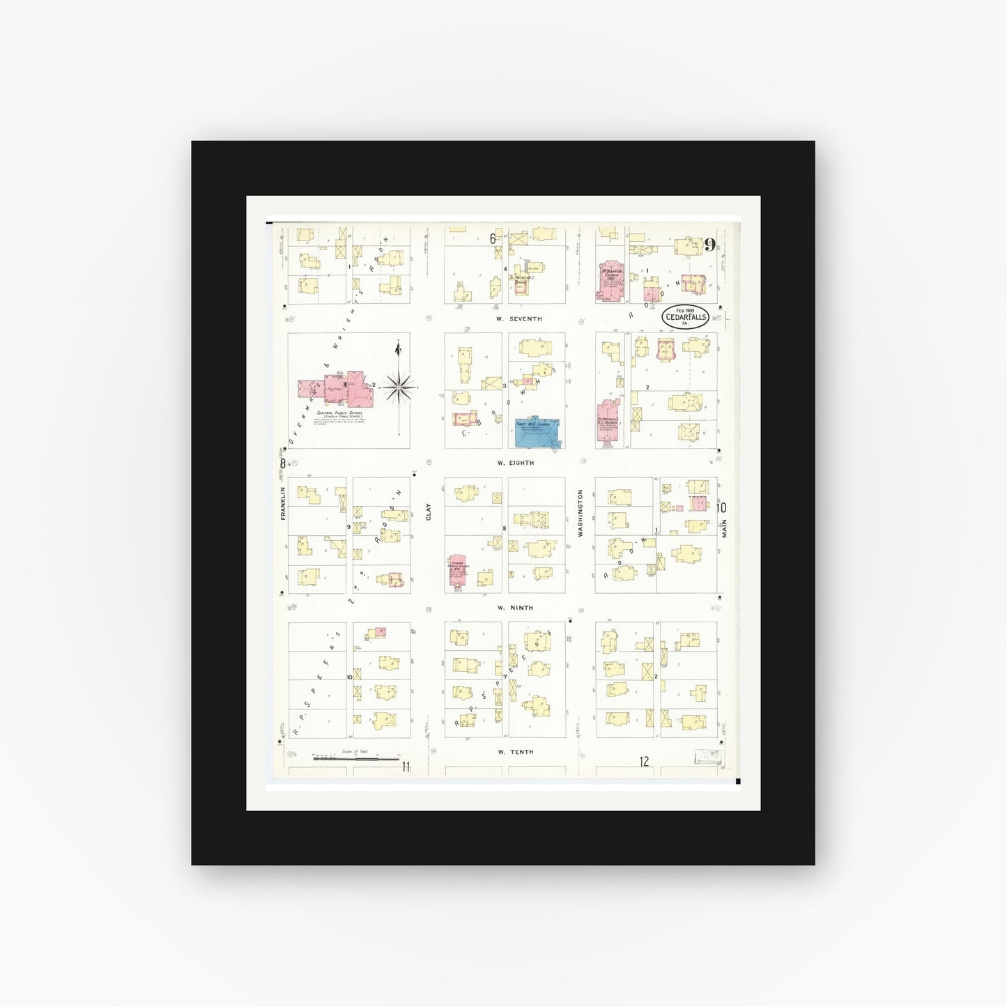 Old map wall art mockup — black gallery frame with white mat — Sanborn Fire Insurance Map from Cedar Falls, Black Hawk County, Iowa (1909), Sheet #0009