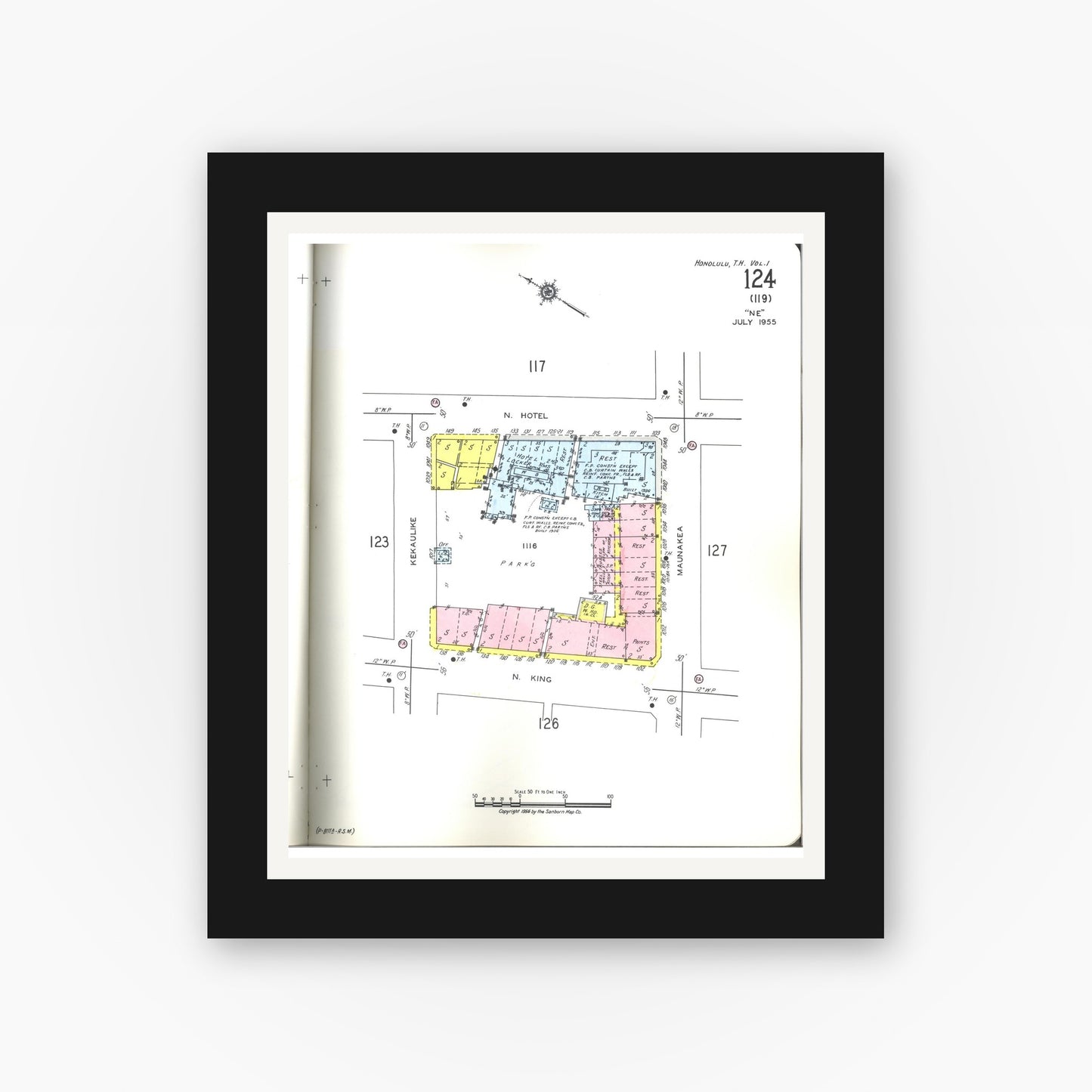Old map wall art mockup — black gallery frame with white mat — Sanborn Fire Insurance Map from Honolulu, Oahu County, Hawaii (1955), Sheet #0124