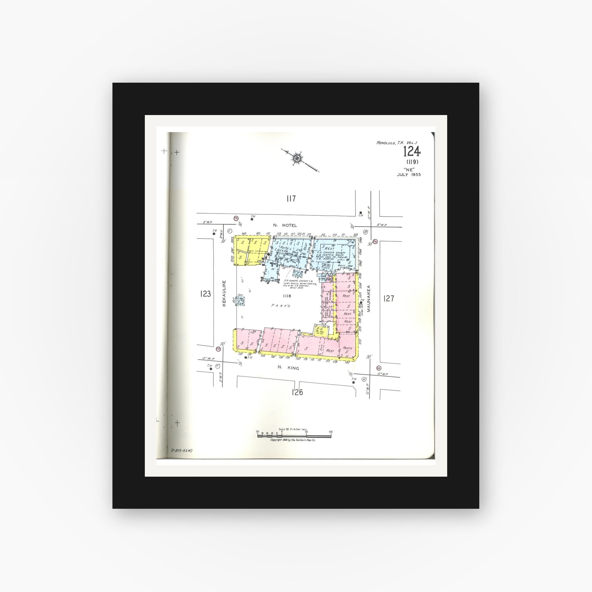 Old map wall art mockup — black gallery frame with white mat — Sanborn Fire Insurance Map from Honolulu, Oahu County, Hawaii (1955), Sheet #0124