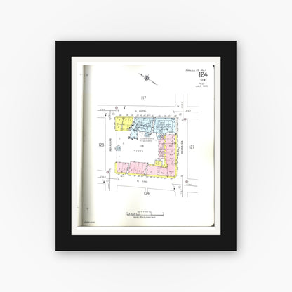 Old map wall art mockup — black gallery frame with white mat — Sanborn Fire Insurance Map from Honolulu, Oahu County, Hawaii (1955), Sheet #0124