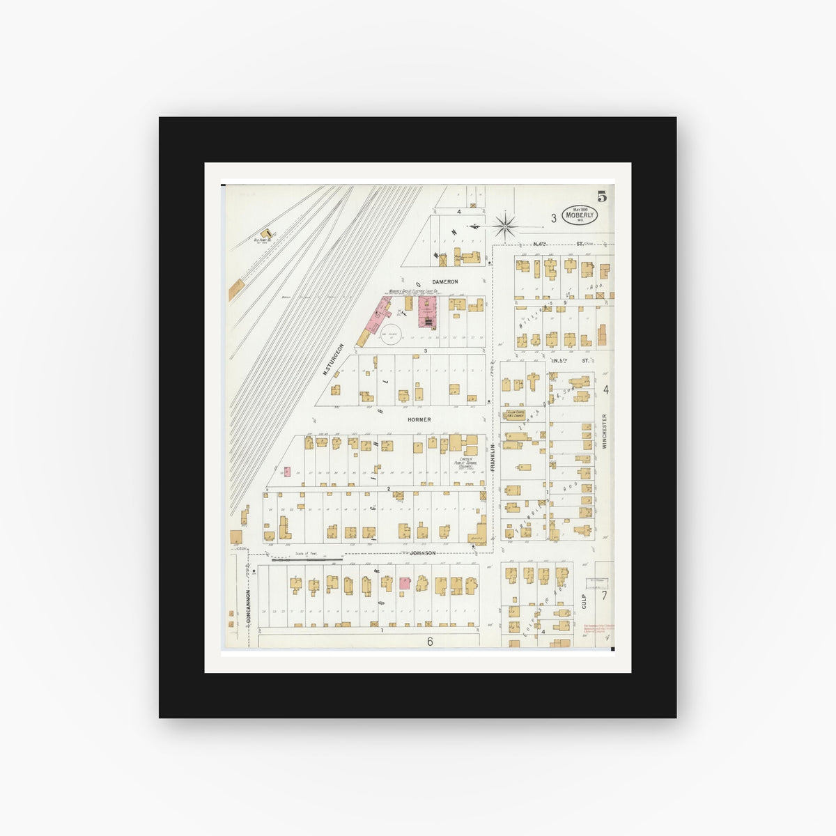 Old map wall art mockup — black gallery frame with white mat — Sanborn Fire Insurance Map from Moberly, Randolph County, Missouri (1899), Sheet #0005