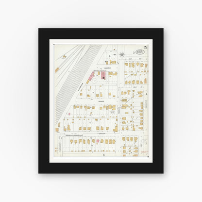 Old map wall art mockup — black gallery frame with white mat — Sanborn Fire Insurance Map from Moberly, Randolph County, Missouri (1899), Sheet #0005