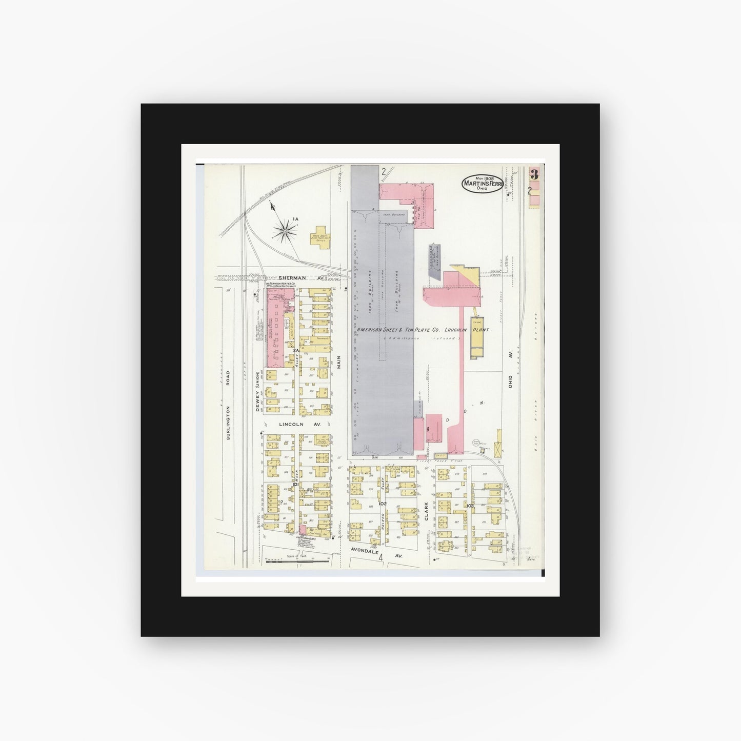 Old map wall art mockup — black gallery frame with white mat — Sanborn Fire Insurance Map from Martins Ferry, Belmont County, Ohio (1908), Sheet #0003