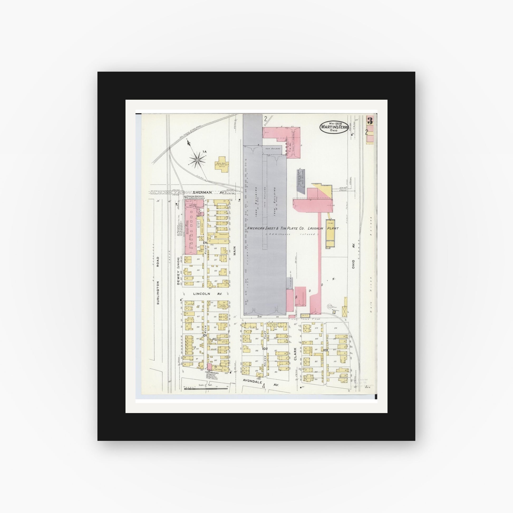 Old map wall art mockup — black gallery frame with white mat — Sanborn Fire Insurance Map from Martins Ferry, Belmont County, Ohio (1908), Sheet #0003