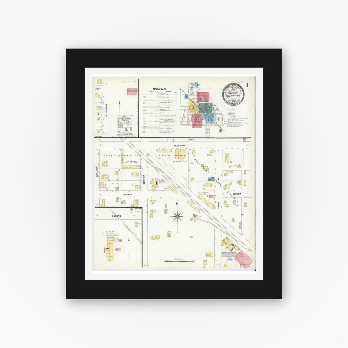Old map wall art mockup — black gallery frame with white mat — Sanborn Fire Insurance Map from Sheridan, Hamilton County, Indiana (1909) - Complete Map Set