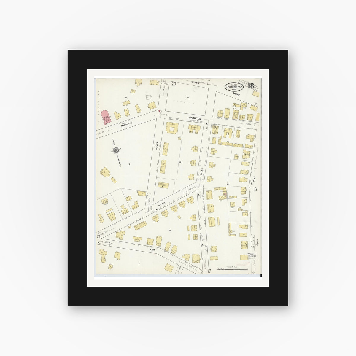 Old map wall art mockup — black gallery frame with white mat — Sanborn Fire Insurance Map from Southbridge, Worcester County, Massachusetts (1911), Sheet #0018