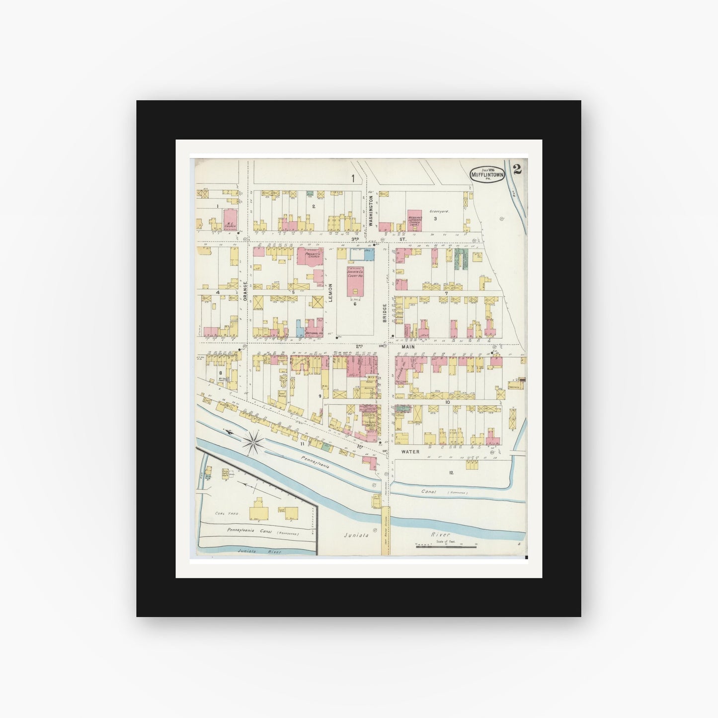 Old map wall art mockup — black gallery frame with white mat — Sanborn Fire Insurance Map from Mifflintown, Juniata County, Pennsylvania (1896), Sheet #0002