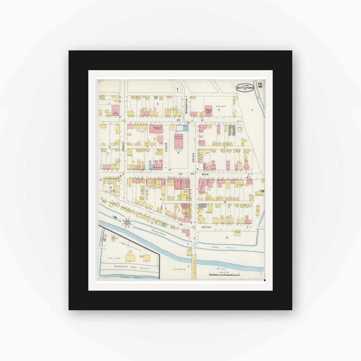 Old map wall art mockup — black gallery frame with white mat — Sanborn Fire Insurance Map from Mifflintown, Juniata County, Pennsylvania (1896), Sheet #0002