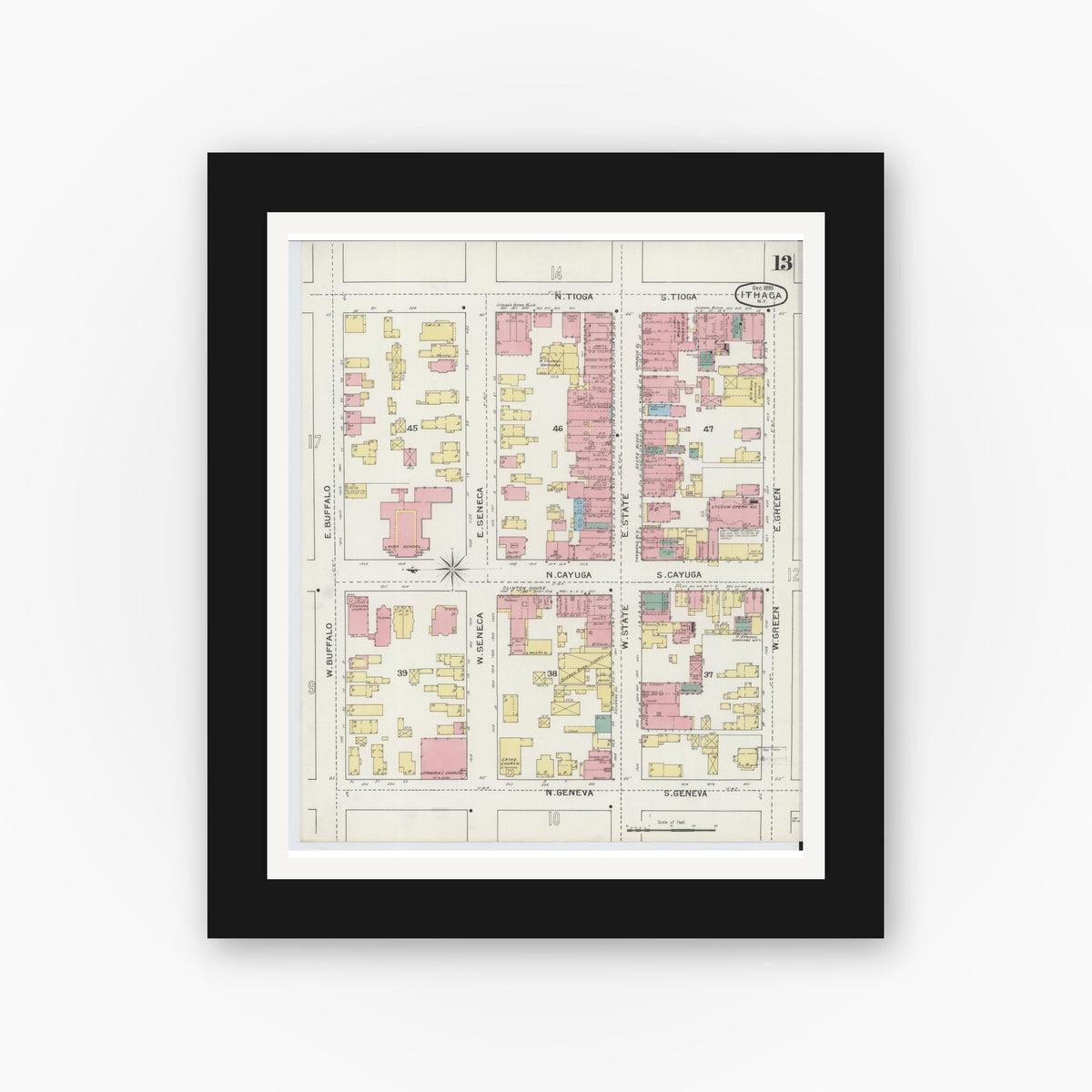 Old map wall art mockup — black gallery frame with white mat — Sanborn Fire Insurance Map from Ithaca, Tompkins County, New York (1893), Sheet #0013