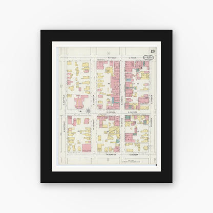Old map wall art mockup — black gallery frame with white mat — Sanborn Fire Insurance Map from Ithaca, Tompkins County, New York (1893), Sheet #0013