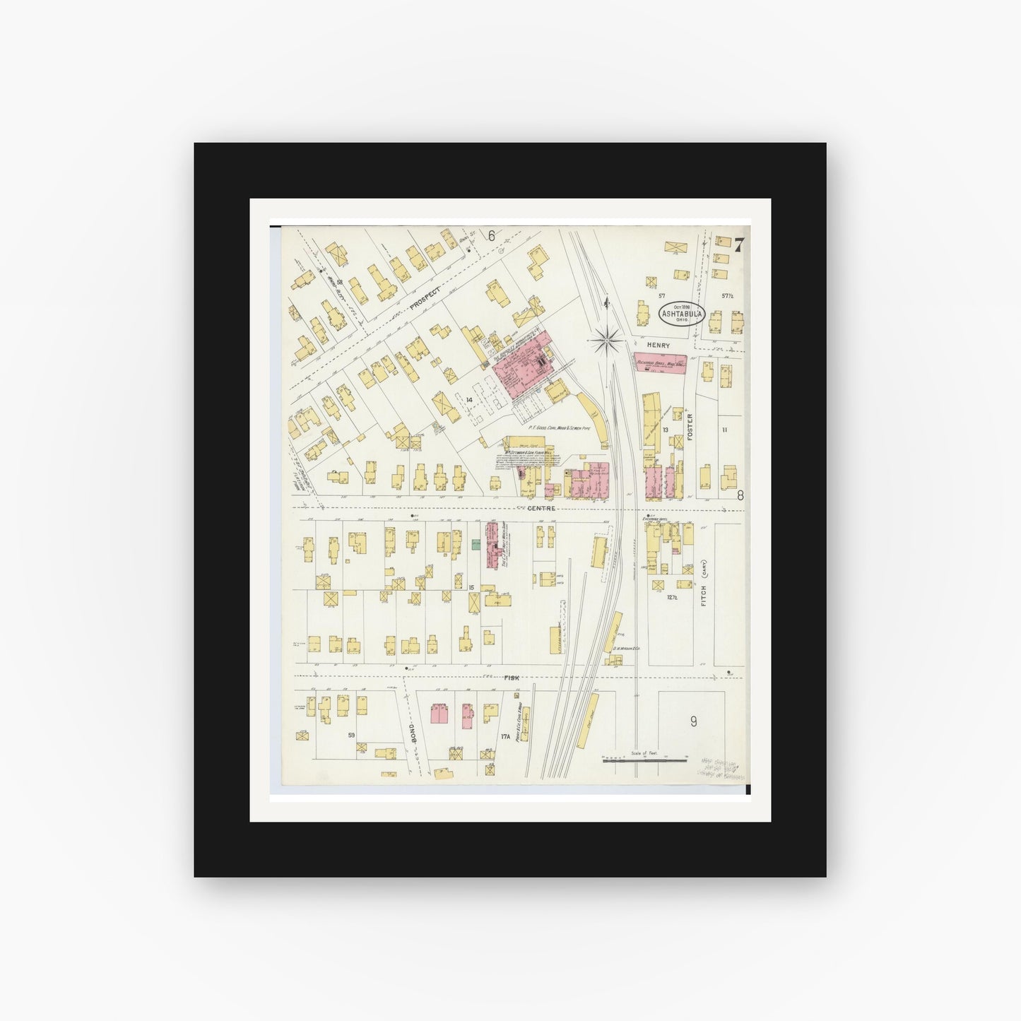 Old map wall art mockup — black gallery frame with white mat — Sanborn Fire Insurance Map from Ashtabula, Ashtabula County, Ohio (1898), Sheet #0007