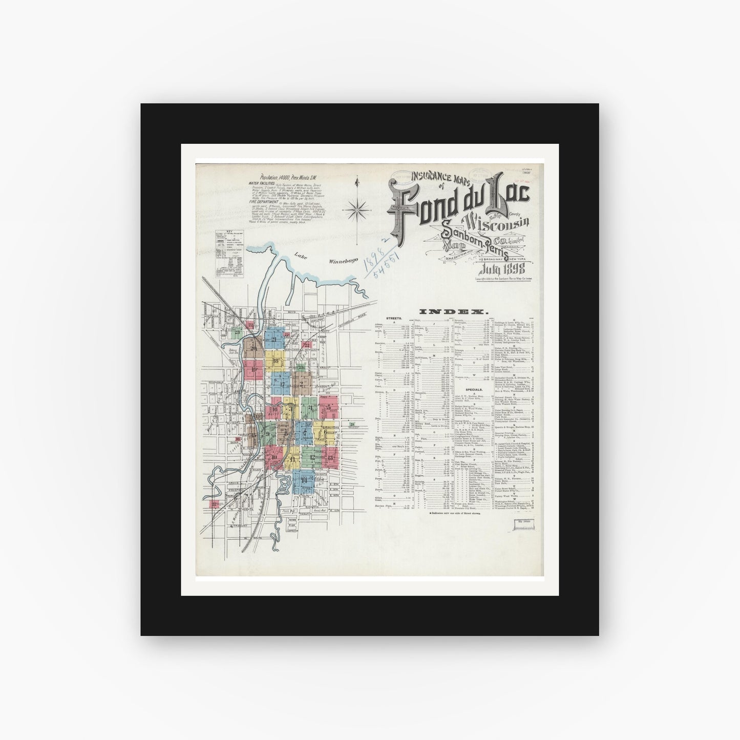 Old map wall art mockup — black gallery frame with white mat — Sanborn Fire Insurance Map from Fond du Lac, Fond du Lac County, Wisconsin (1898), Sheet #0001