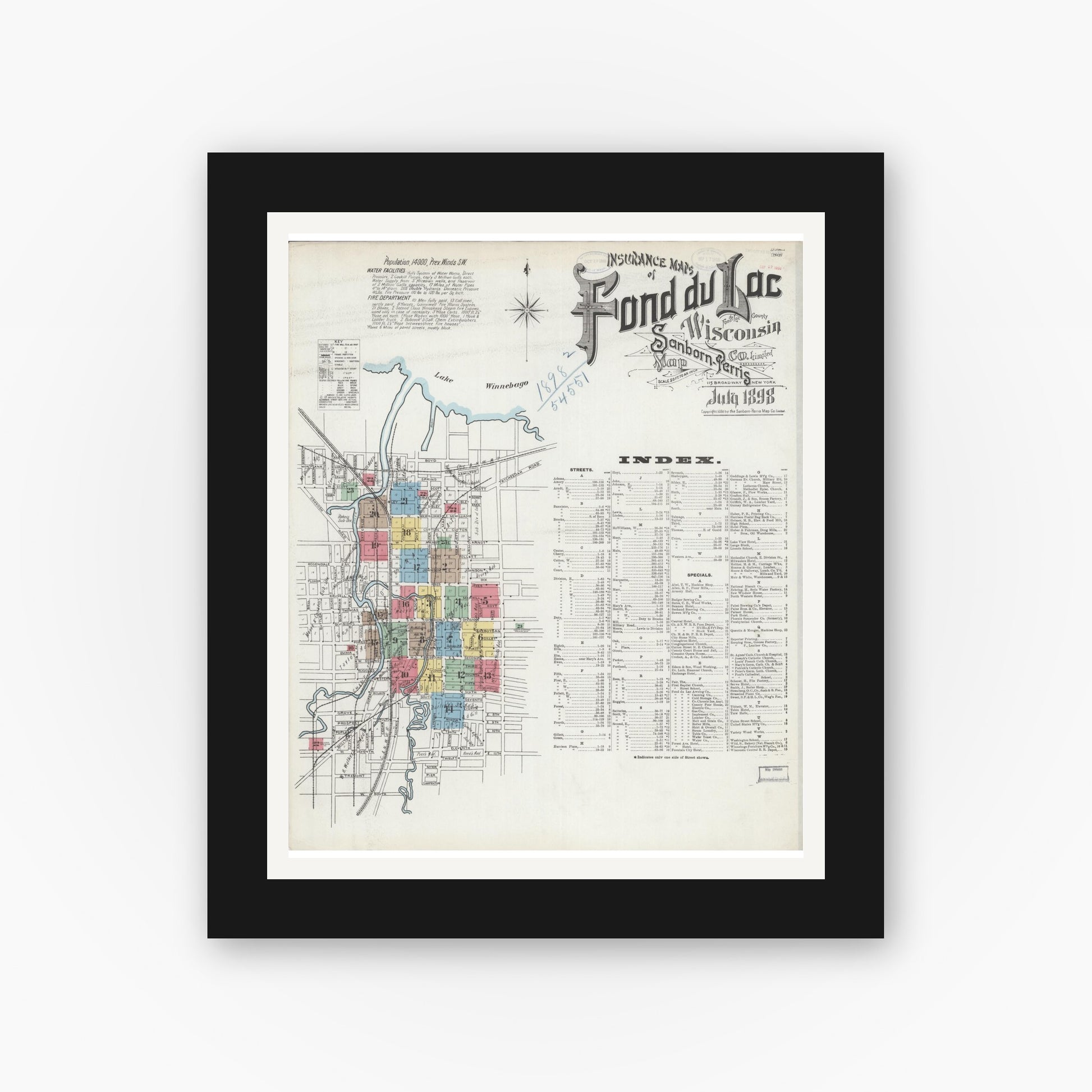 Old map wall art mockup — black gallery frame with white mat — Sanborn Fire Insurance Map from Fond du Lac, Fond du Lac County, Wisconsin (1898), Sheet #0001