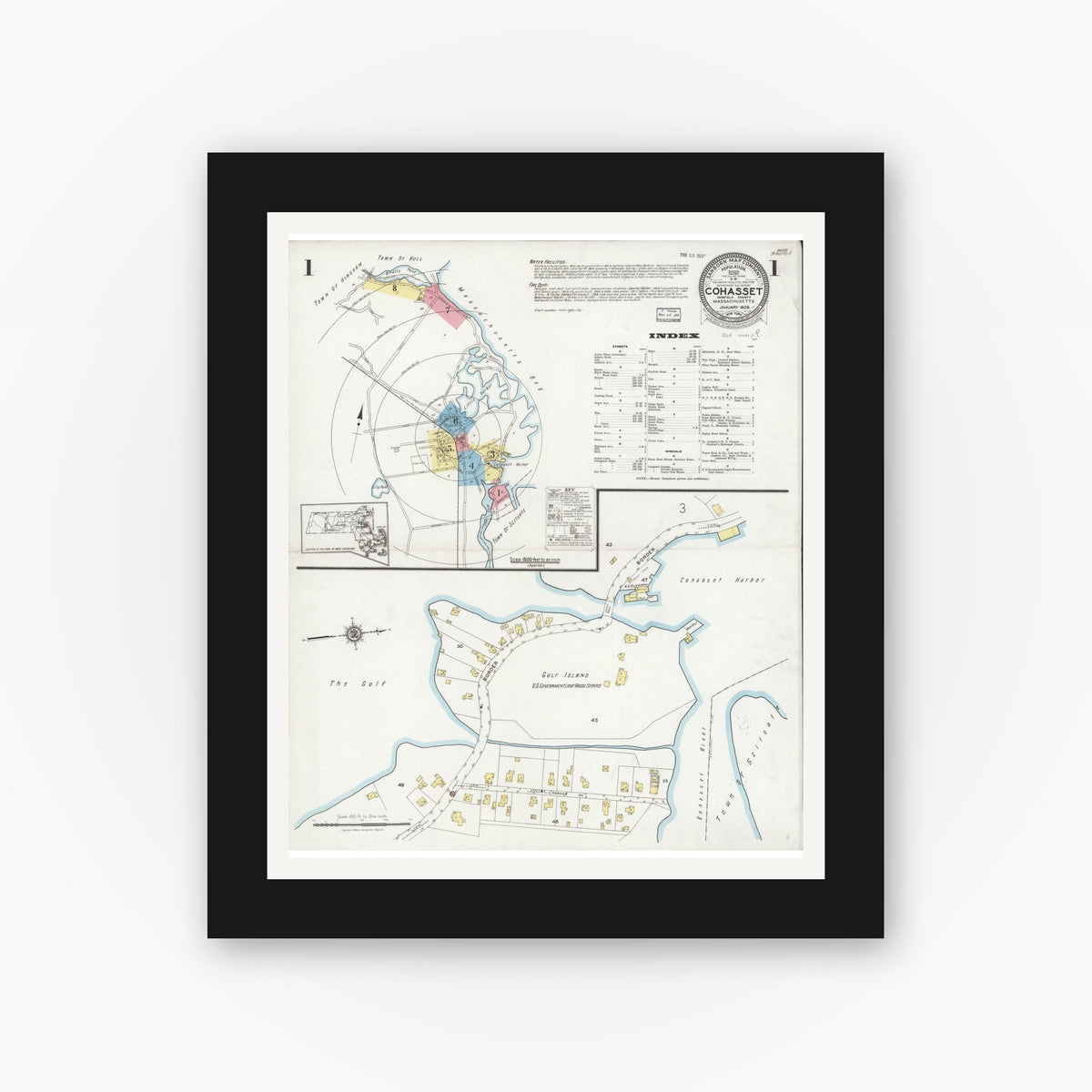 Old map wall art mockup — black gallery frame with white mat — Sanborn Fire Insurance Map from Cohasset, Norfolk County, Massachusetts (1928), Sheet #0001