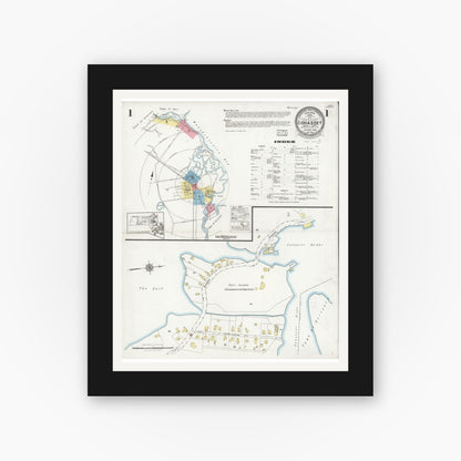 Old map wall art mockup — black gallery frame with white mat — Sanborn Fire Insurance Map from Cohasset, Norfolk County, Massachusetts (1928), Sheet #0001
