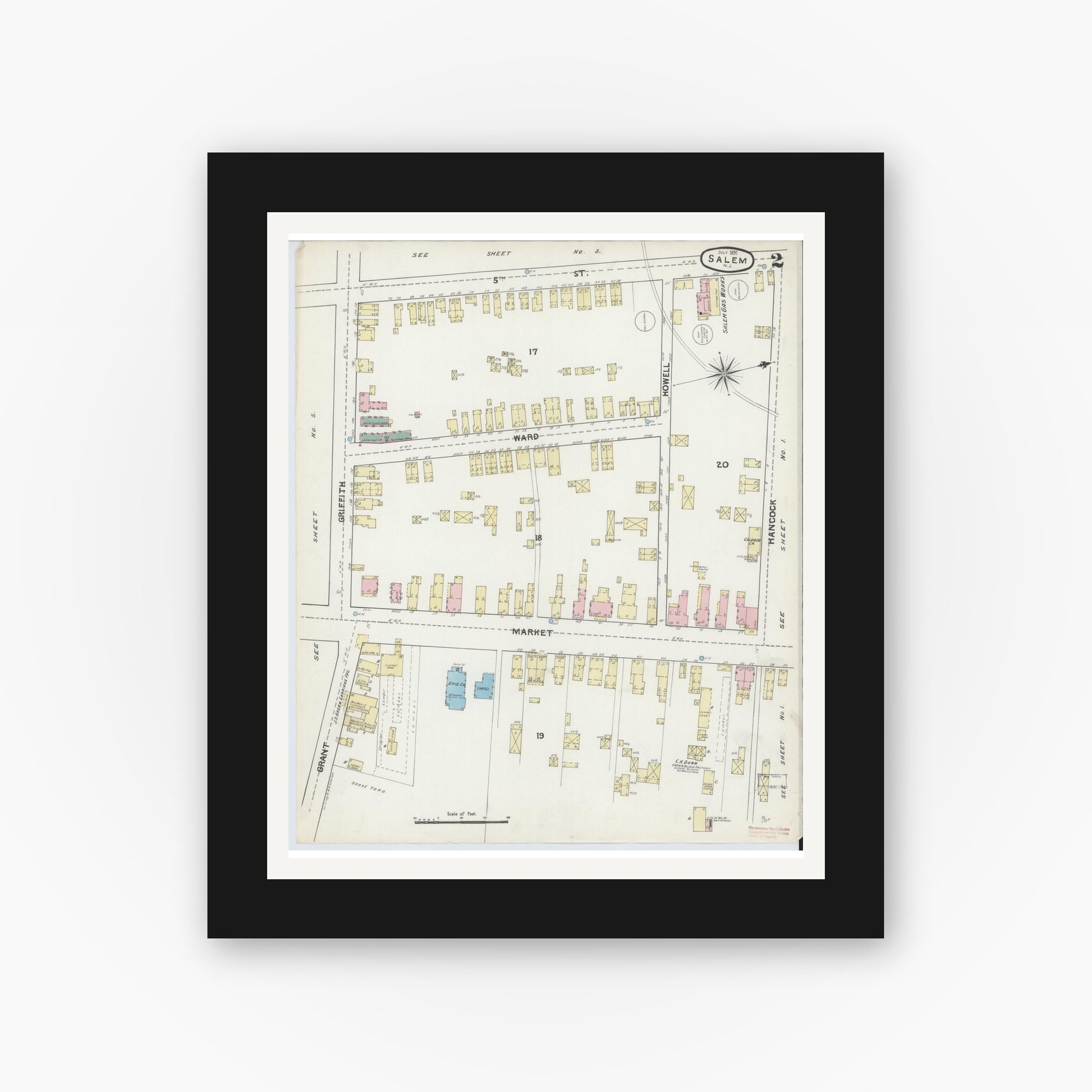 Old map wall art mockup — black gallery frame with white mat — Sanborn Fire Insurance Map from Salem, Salem County, New Jersey (1891), Sheet #0002