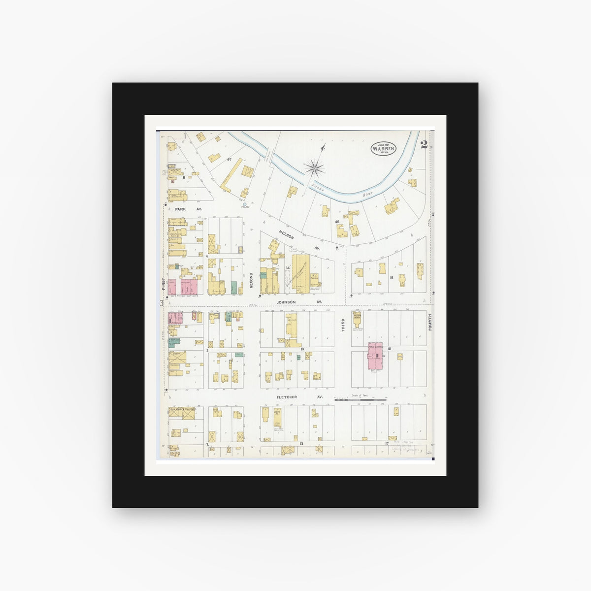 Old map wall art mockup — black gallery frame with white mat — Sanborn Fire Insurance Map from Warren, Marshall County, Minnesota (1904), Sheet #0002